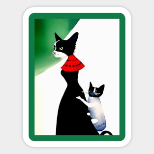 Tuxedo Mother Cat with her Kitten Copyright TeAnne Sticker